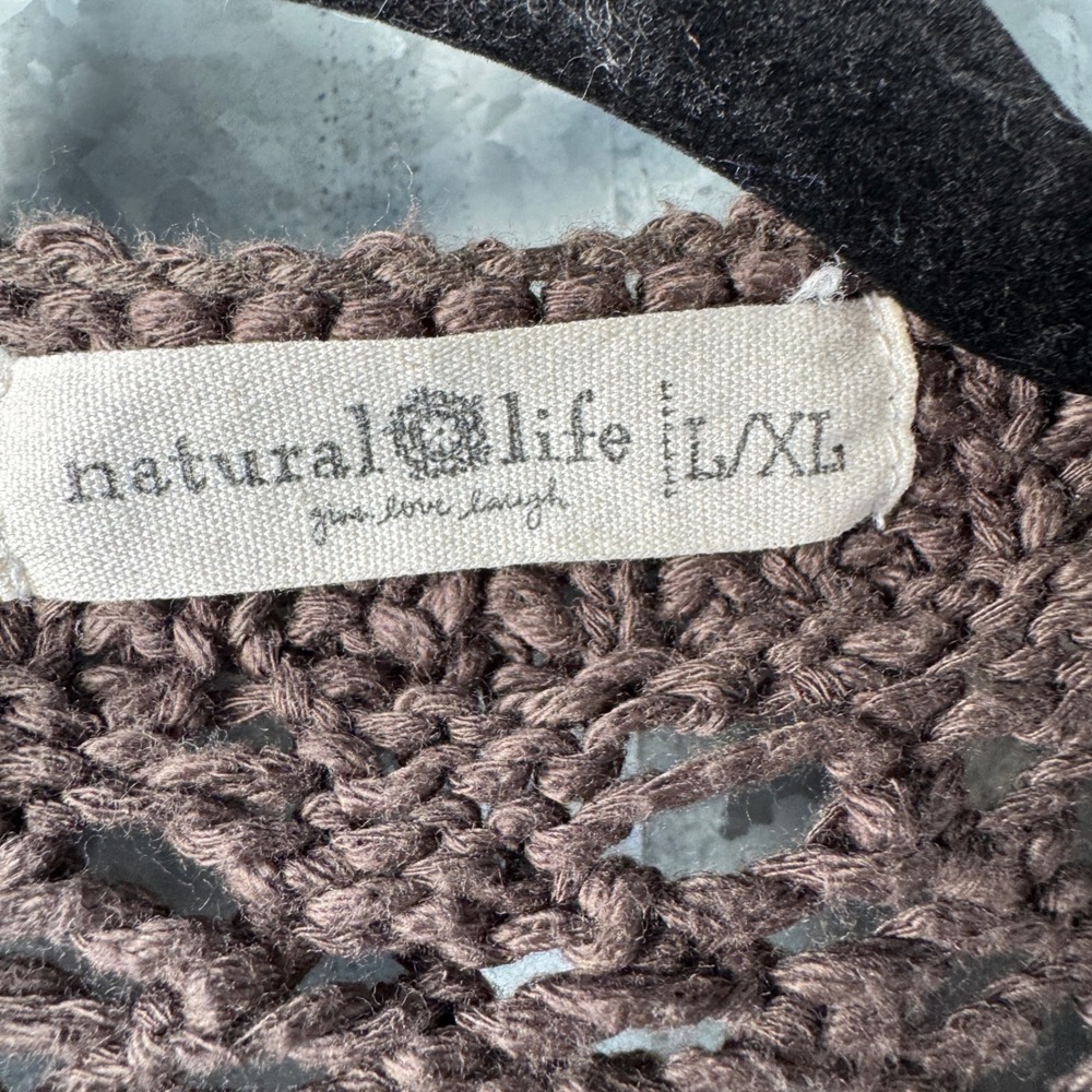 Natural Life Brown Crochet Knit Open Front Cardigan Boho Pointelle  L/XL - Picture 2 of 7